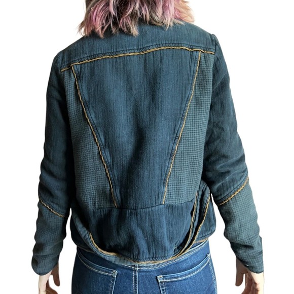 Free People Navy Blue Moto Jacket Size S Belted Full Zip Distressed Cotton - Picture 7 of 17